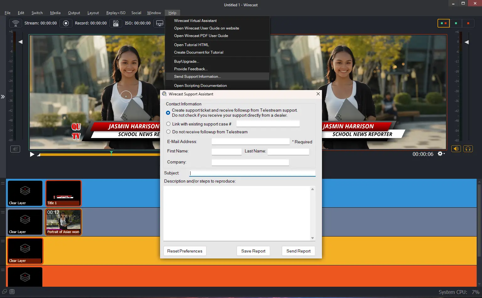 opening a support ticket in wirecast app